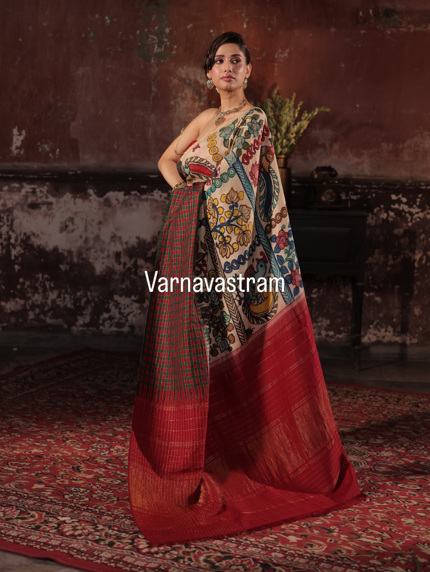 VRATHAPANI- Exquisite Handdrawn handpainted penkalamkari korvai kanchivaram silk saree