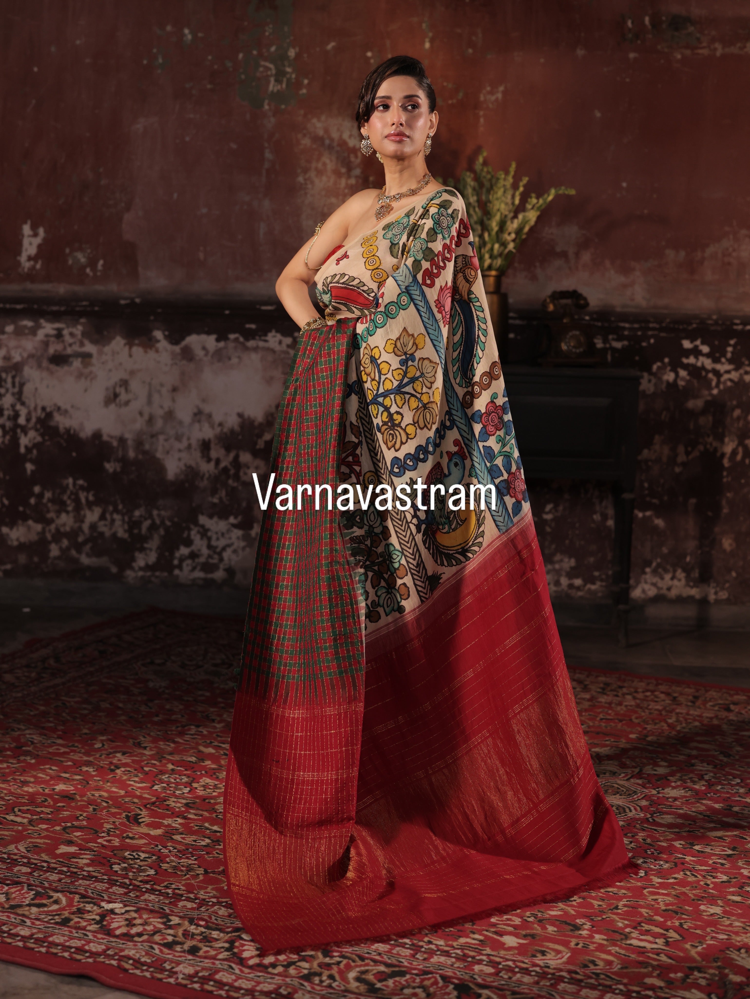 VRATHAPANI- Exquisite Handdrawn handpainted penkalamkari korvai kanchivaram silk saree