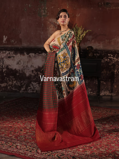 VRATHAPANI- Exquisite Handdrawn handpainted penkalamkari korvai kanchivaram silk saree