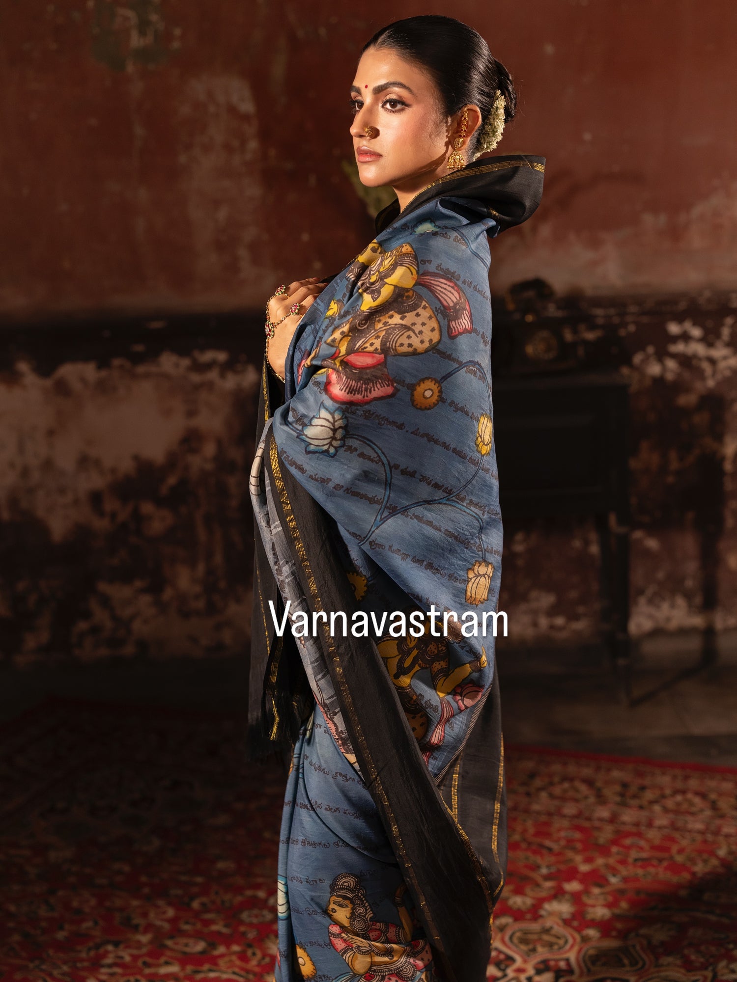 Part payment link VRATHAPANI - A deep indigo Complete Hand Drawn And Hand Painted Penkalamkari In korvai Kanchivaram Silk Saree with Ramayana script and dancing apsaras