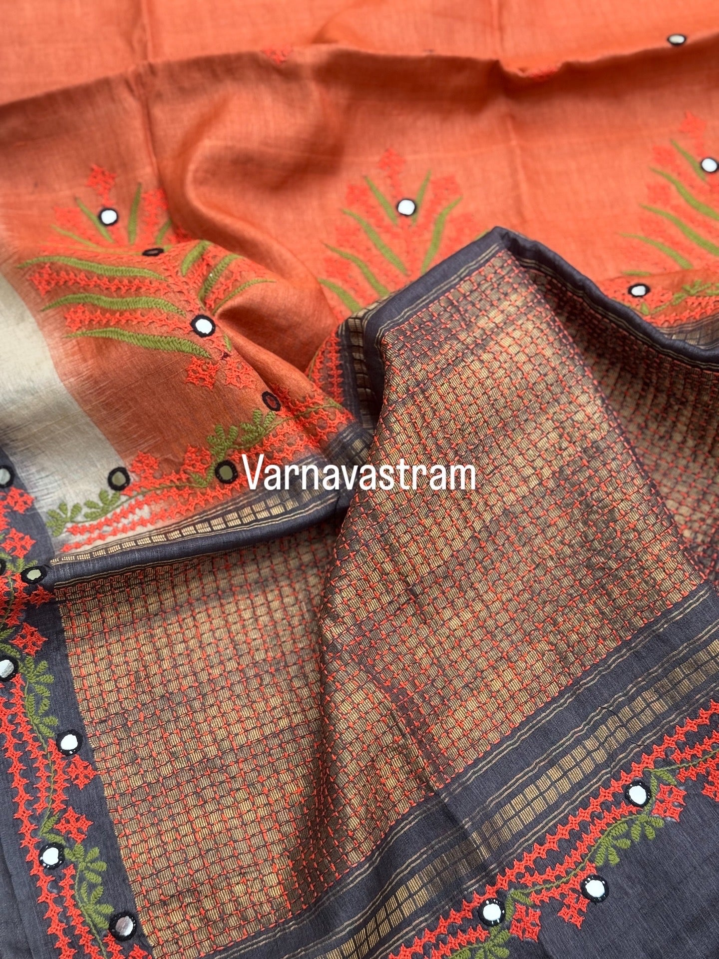 handwoven Tussar silk saree with handmade kutch mirror embroidery work