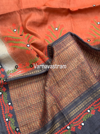 handwoven Tussar silk saree with handmade kutch mirror embroidery work