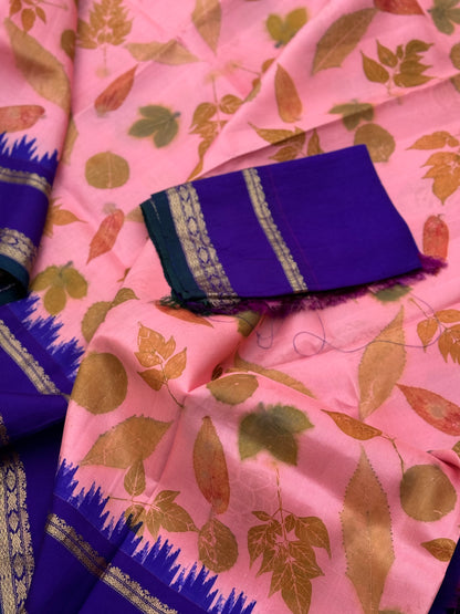 Peach with blue Natural EcoPrints on Gadwal Silk saree