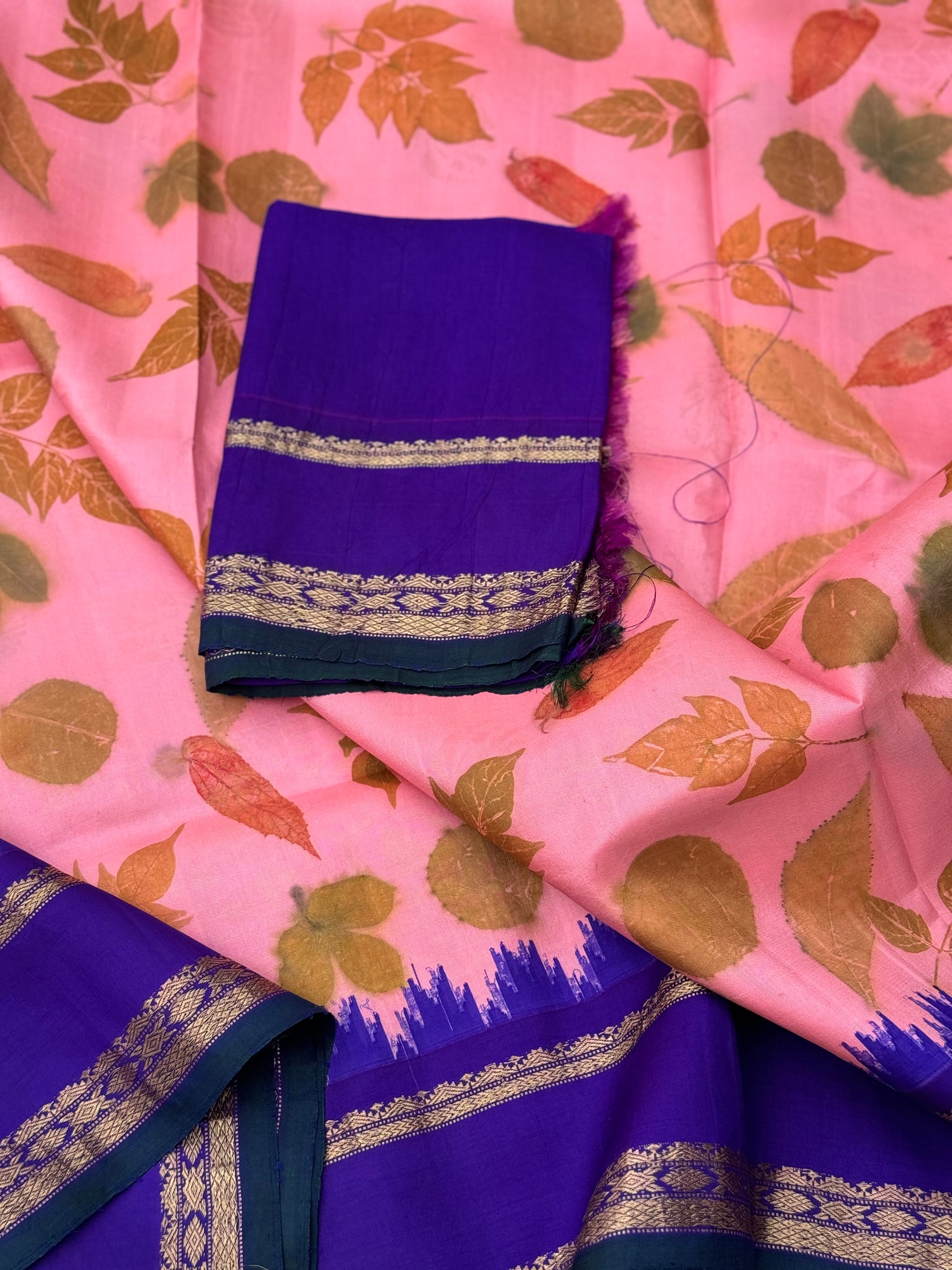 Peach with blue Natural EcoPrints on Gadwal Silk saree