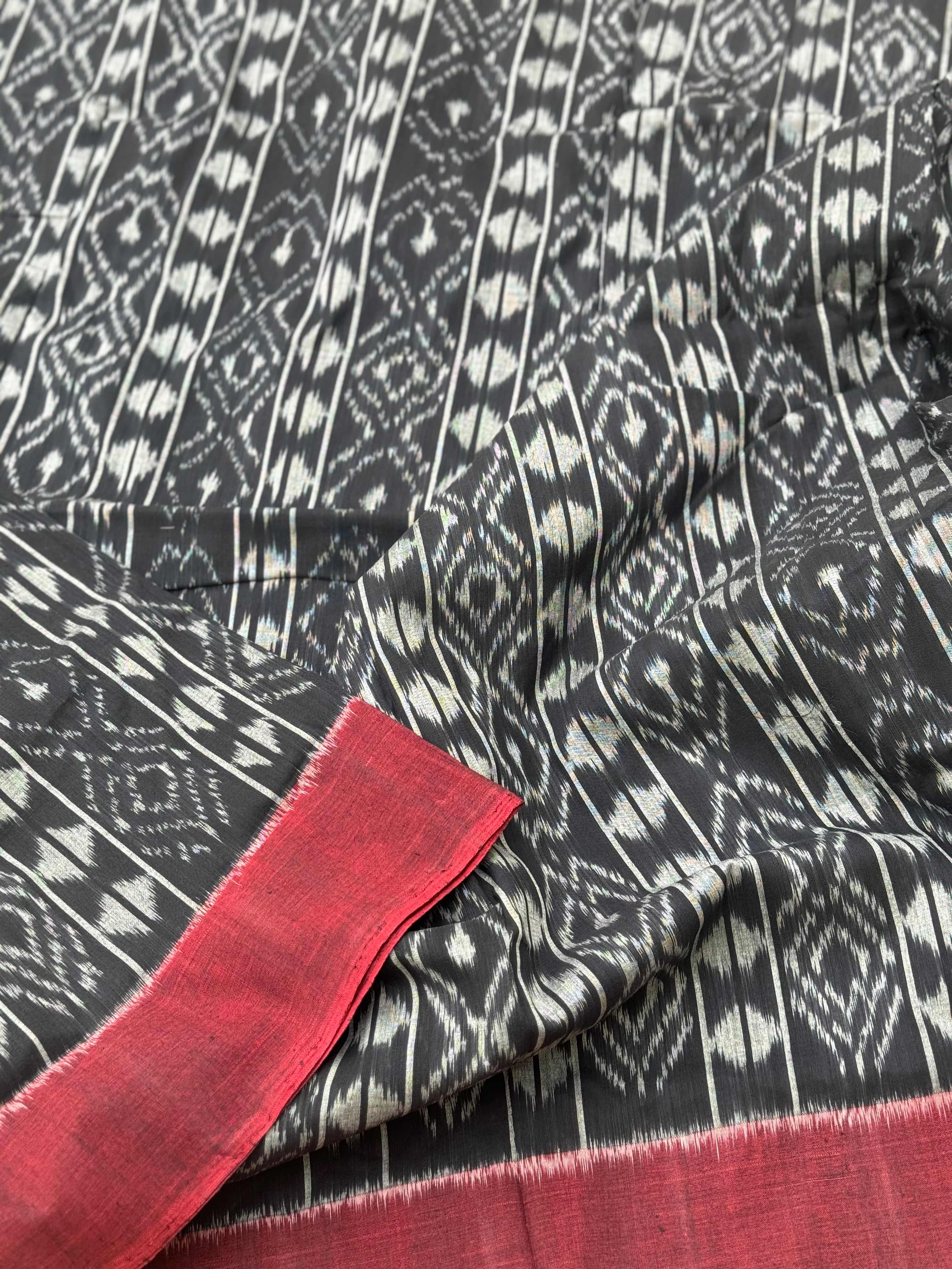 Black with maroon weft single ikkat cotton saree