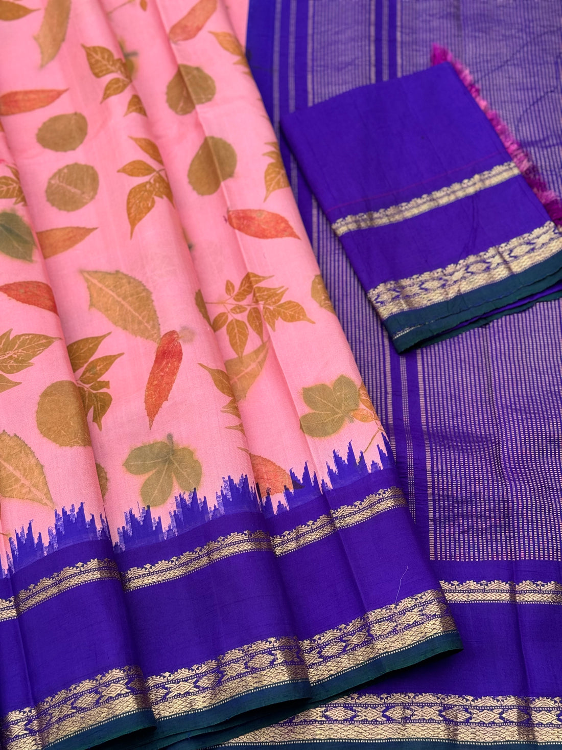 Peach with blue Natural EcoPrints on Gadwal Silk saree