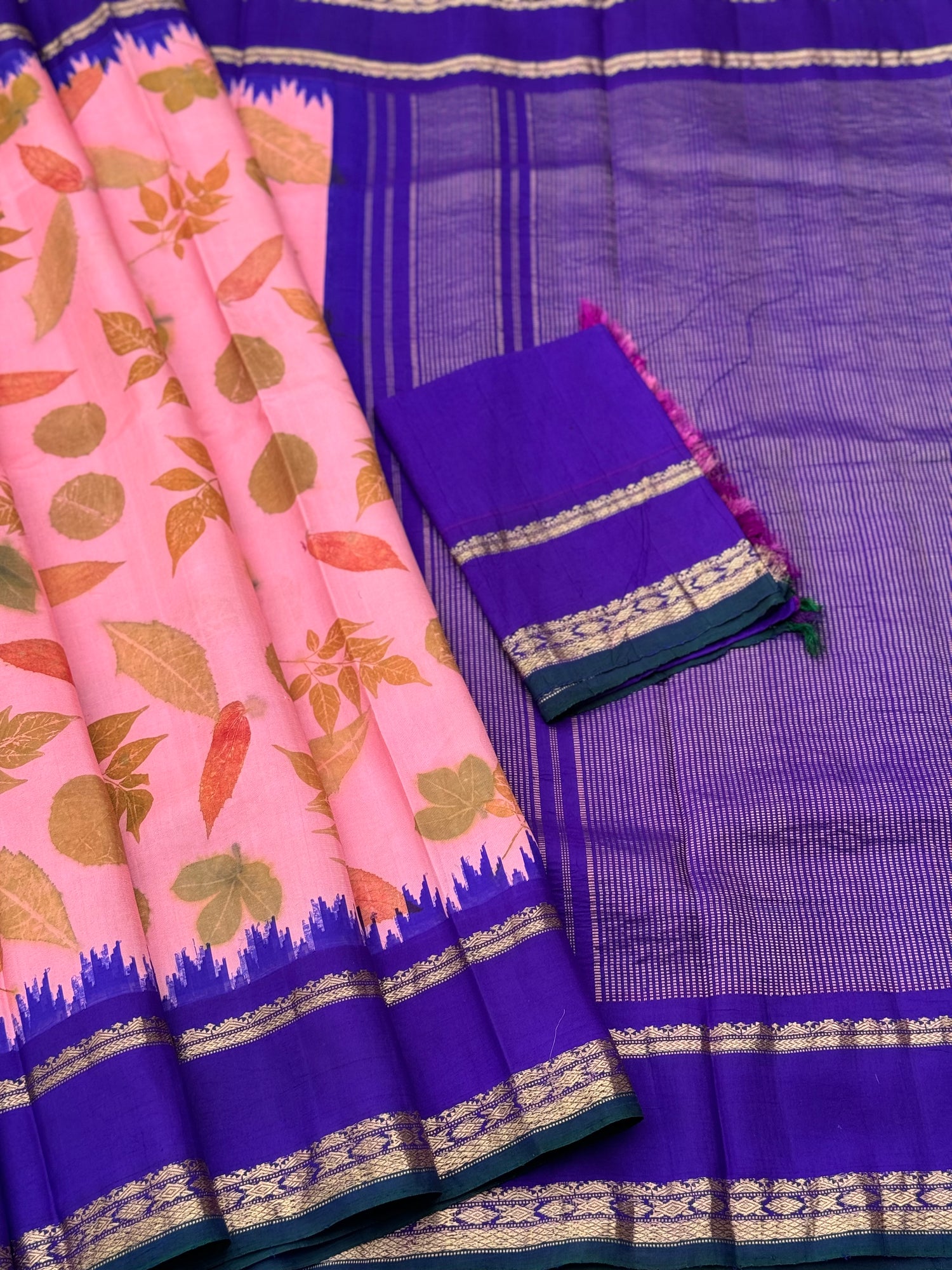 Peach with blue Natural EcoPrints on Gadwal Silk saree