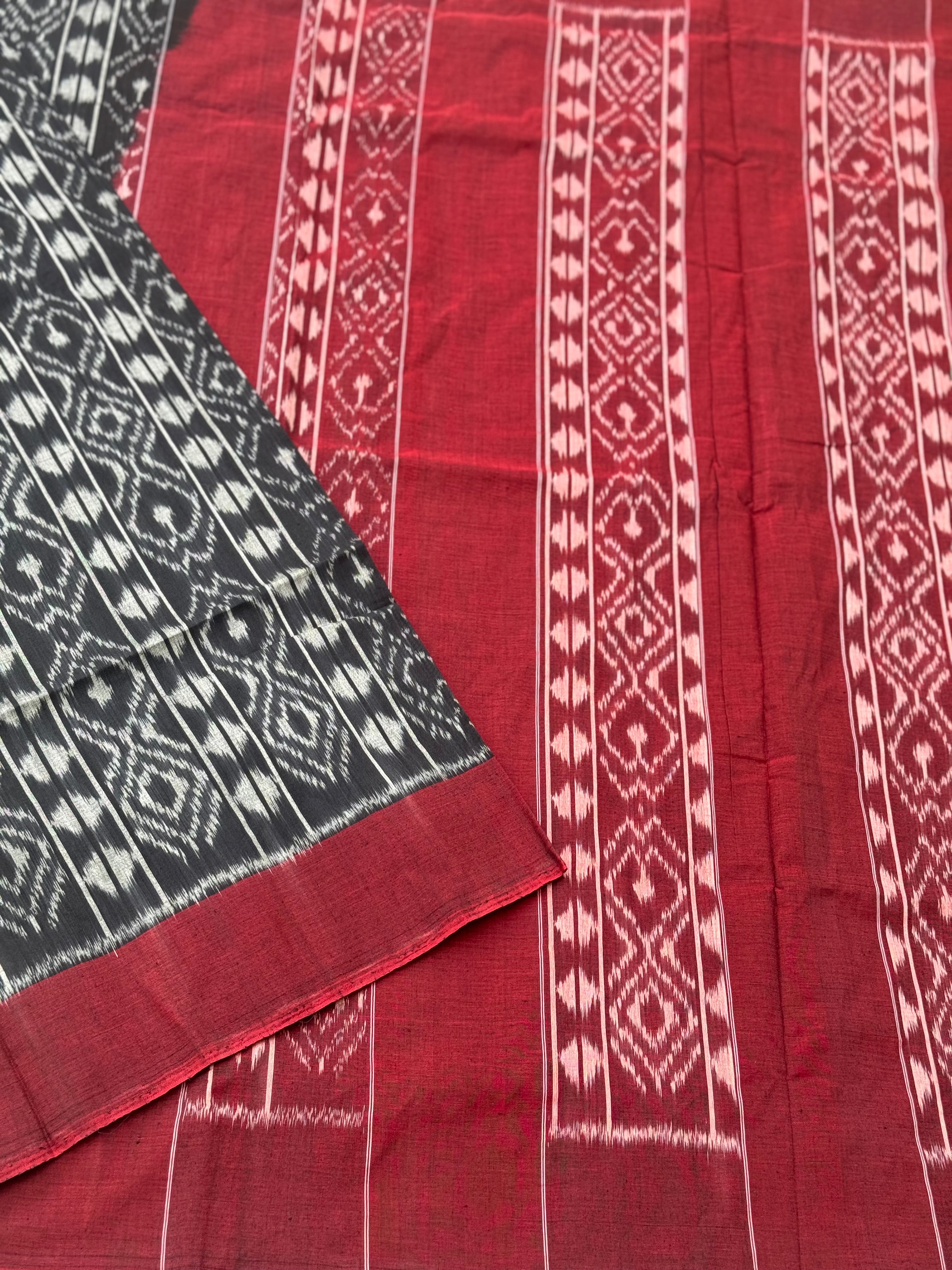 Black with maroon weft single ikkat cotton saree
