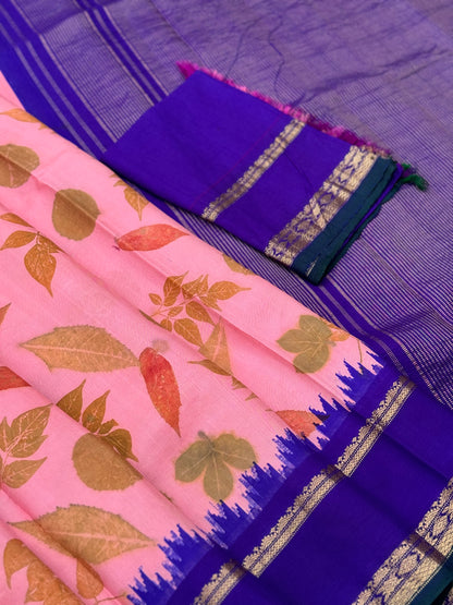 Peach with blue Natural EcoPrints on Gadwal Silk saree