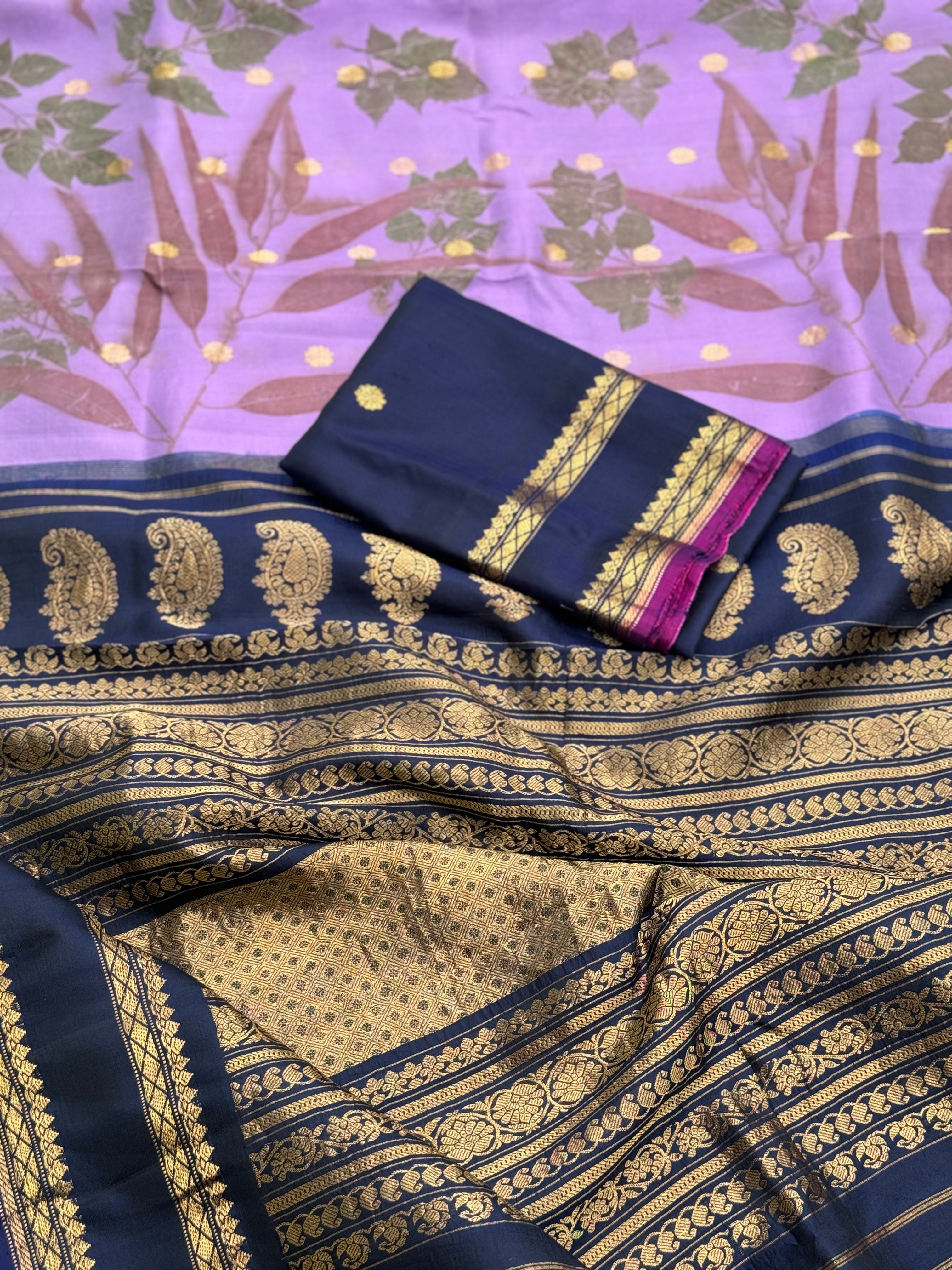 A Lavender with midnight blue Natural Handmade Ecoprints Gadwal silk saree