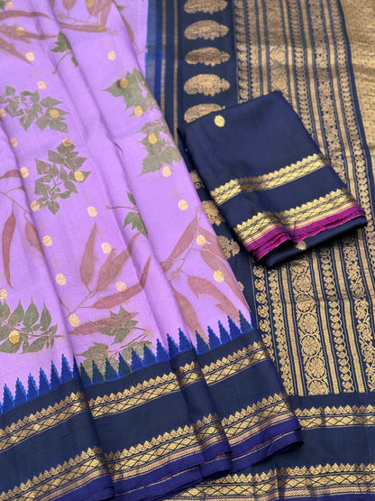 A Lavender with midnight blue Natural Handmade Ecoprints Gadwal silk saree