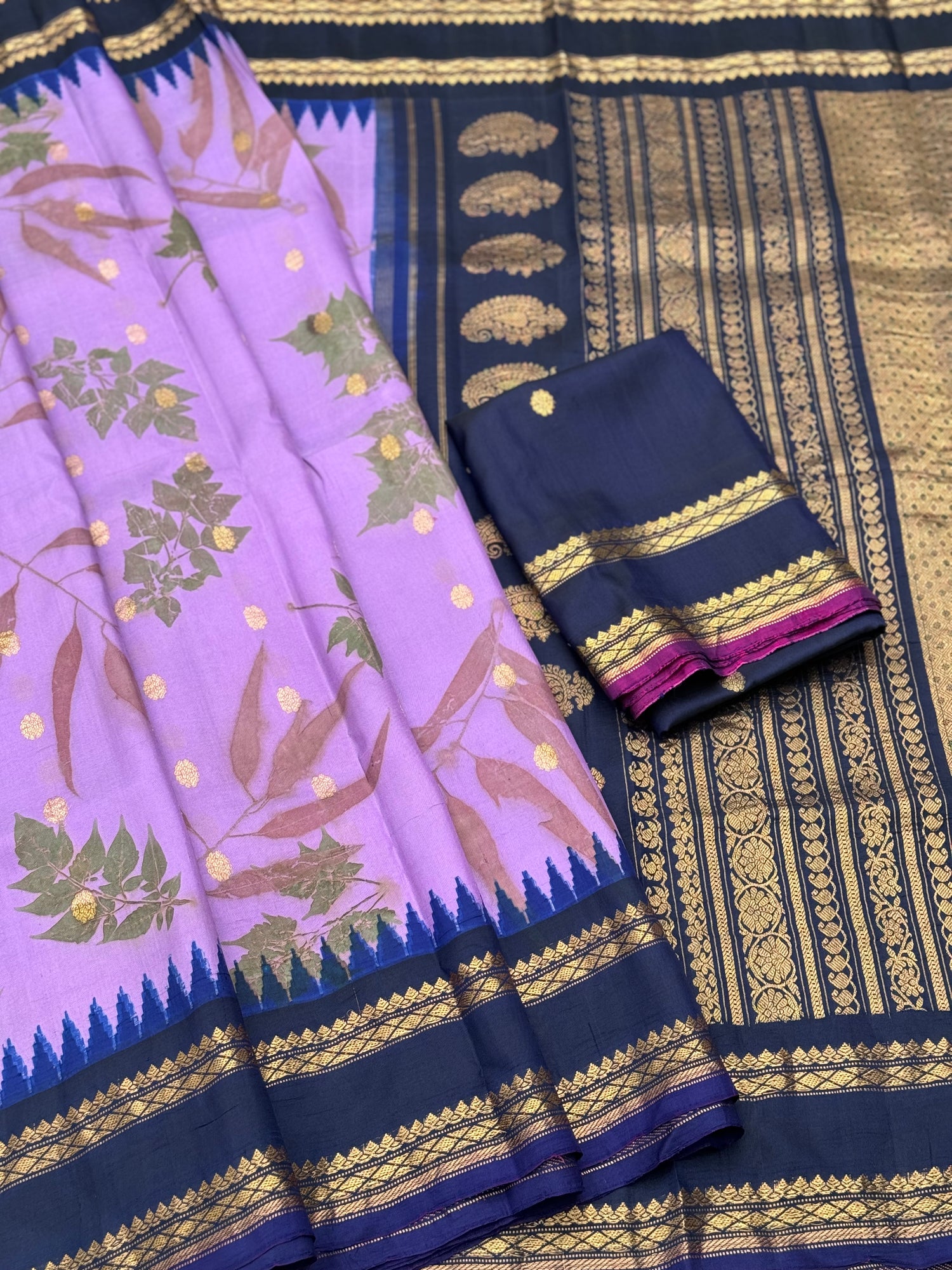 A Lavender with midnight blue Natural Handmade Ecoprints Gadwal silk saree