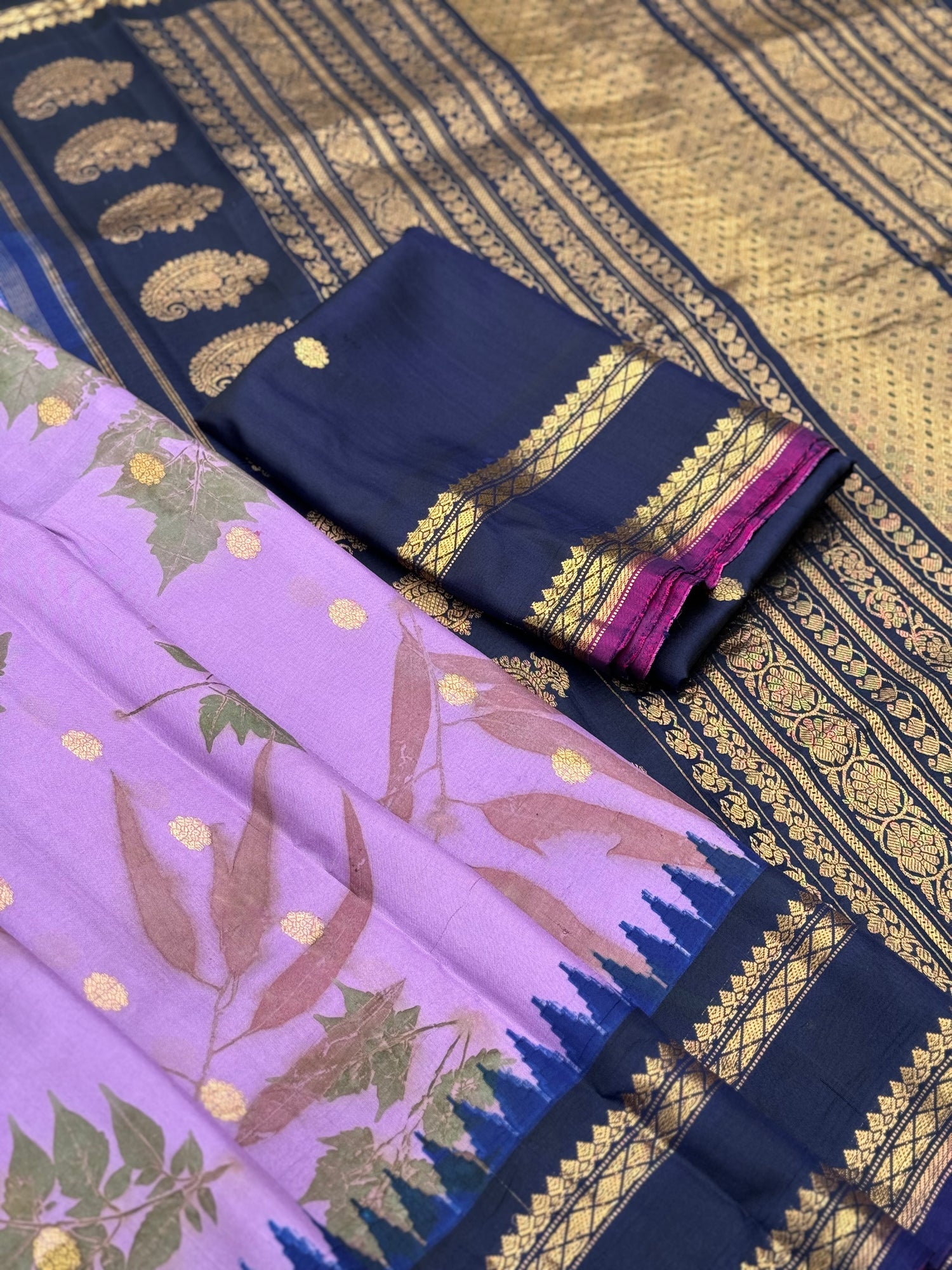 A Lavender with midnight blue Natural Handmade Ecoprints Gadwal silk saree