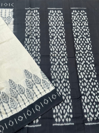 Ivory and  black handwoven weft single ikkat cotton saree