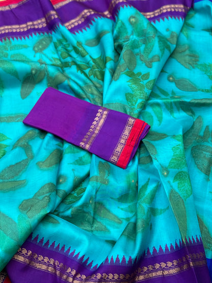 A turquoise blue with purple Handmade Ecoprints Gadwal silk saree