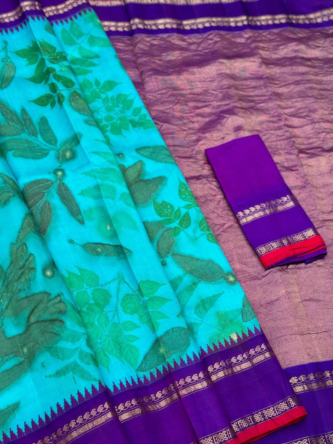 A turquoise blue with purple Handmade Ecoprints Gadwal silk saree