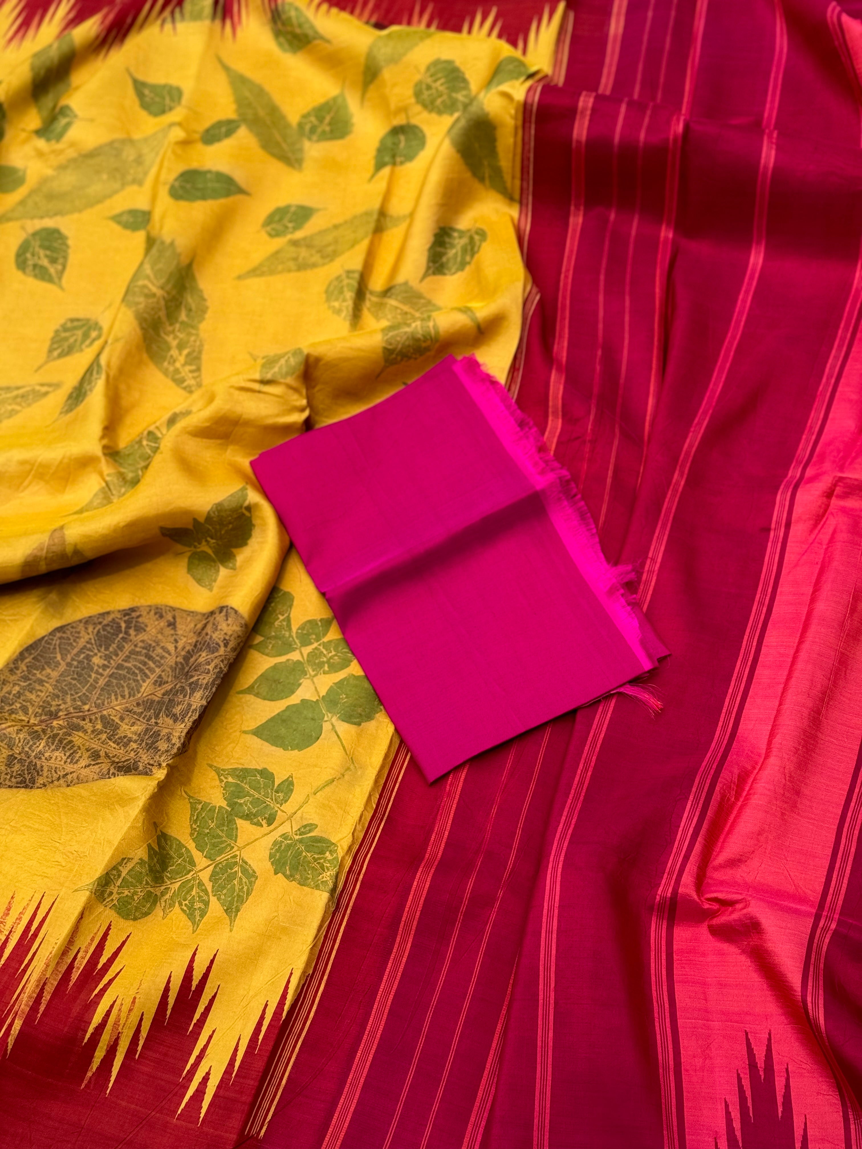 A yellow with pink Natural Handmade Ecoprints korvai silk saree