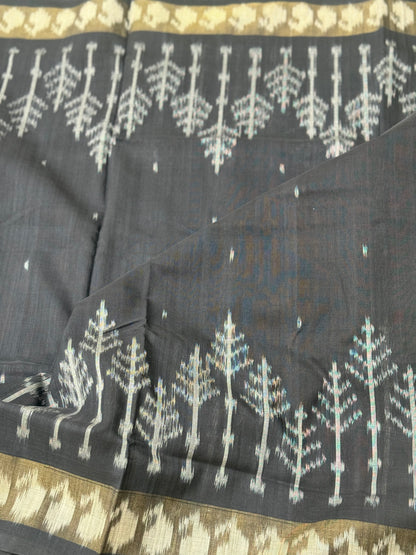 Black zari border handwoven weft single ikkat cotton saree