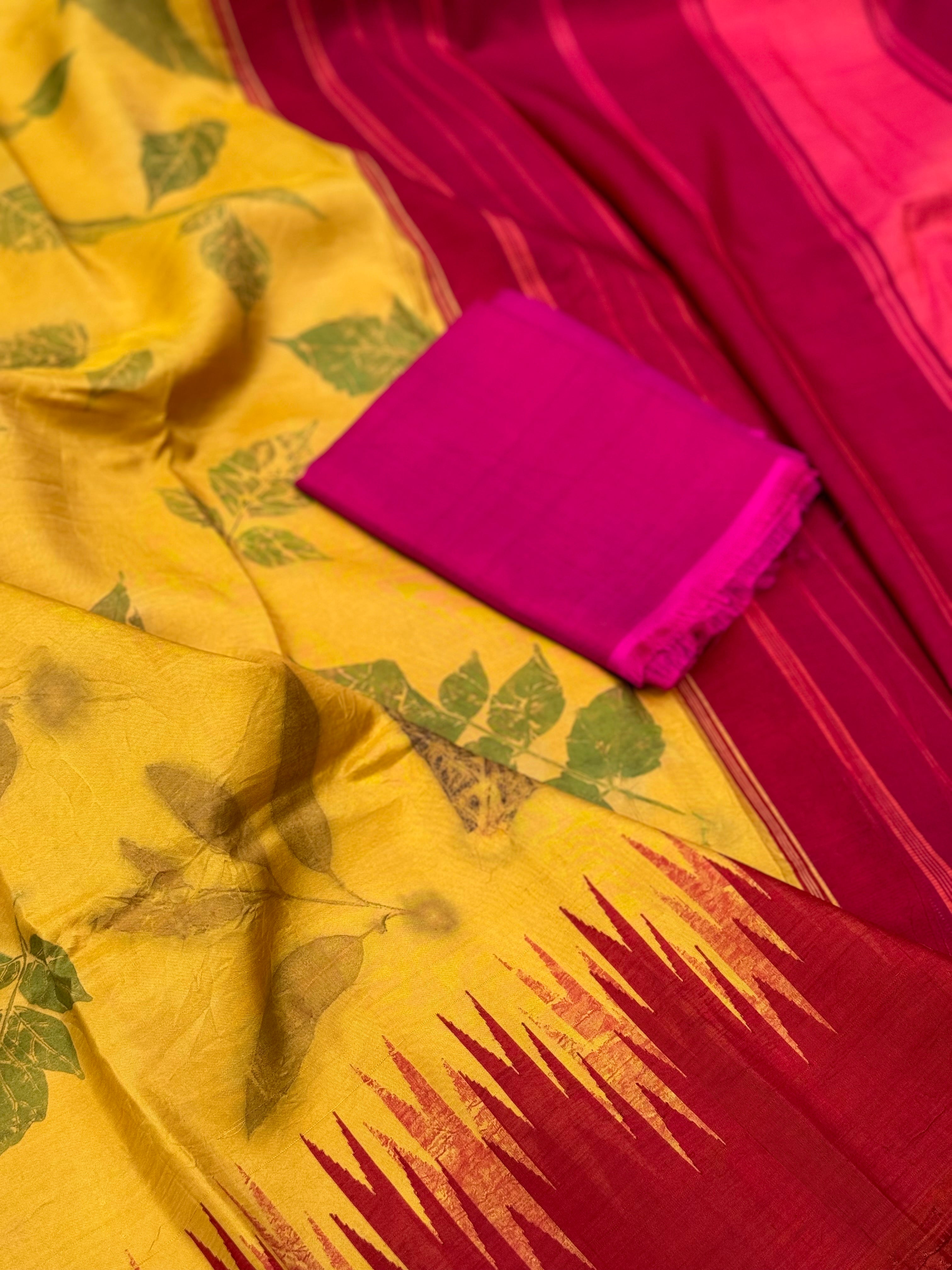 A yellow with pink Natural Handmade Ecoprints korvai silk saree