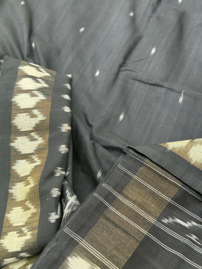Black zari border handwoven weft single ikkat cotton saree