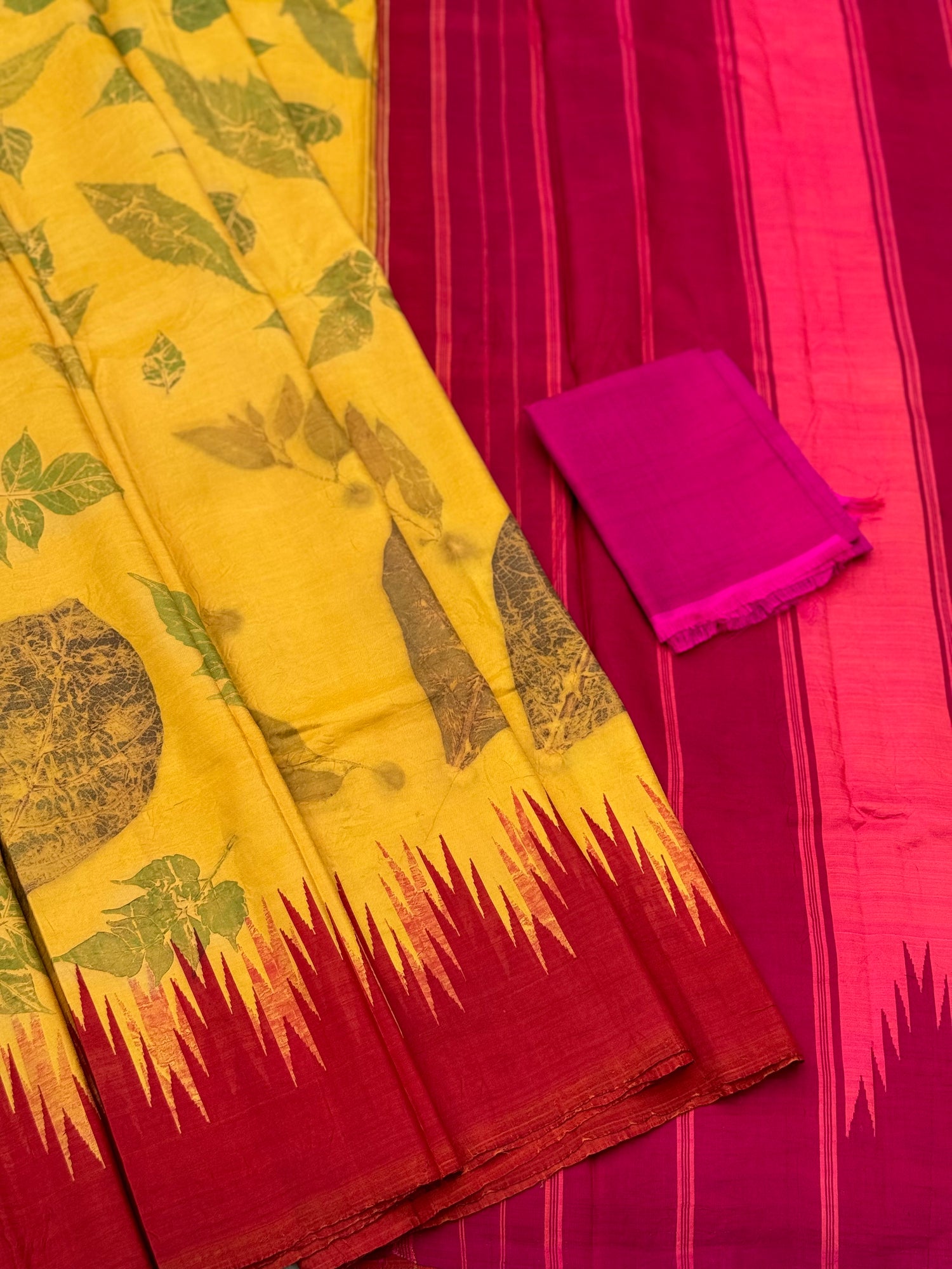 A yellow with pink Natural Handmade Ecoprints korvai silk saree