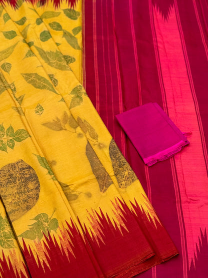 A yellow with pink Natural Handmade Ecoprints korvai silk saree