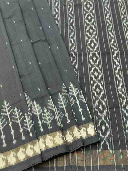 Black zari border handwoven weft single ikkat cotton saree