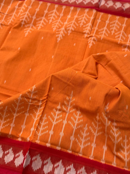 Mango yellow zari border handwoven weft single ikkat cotton saree