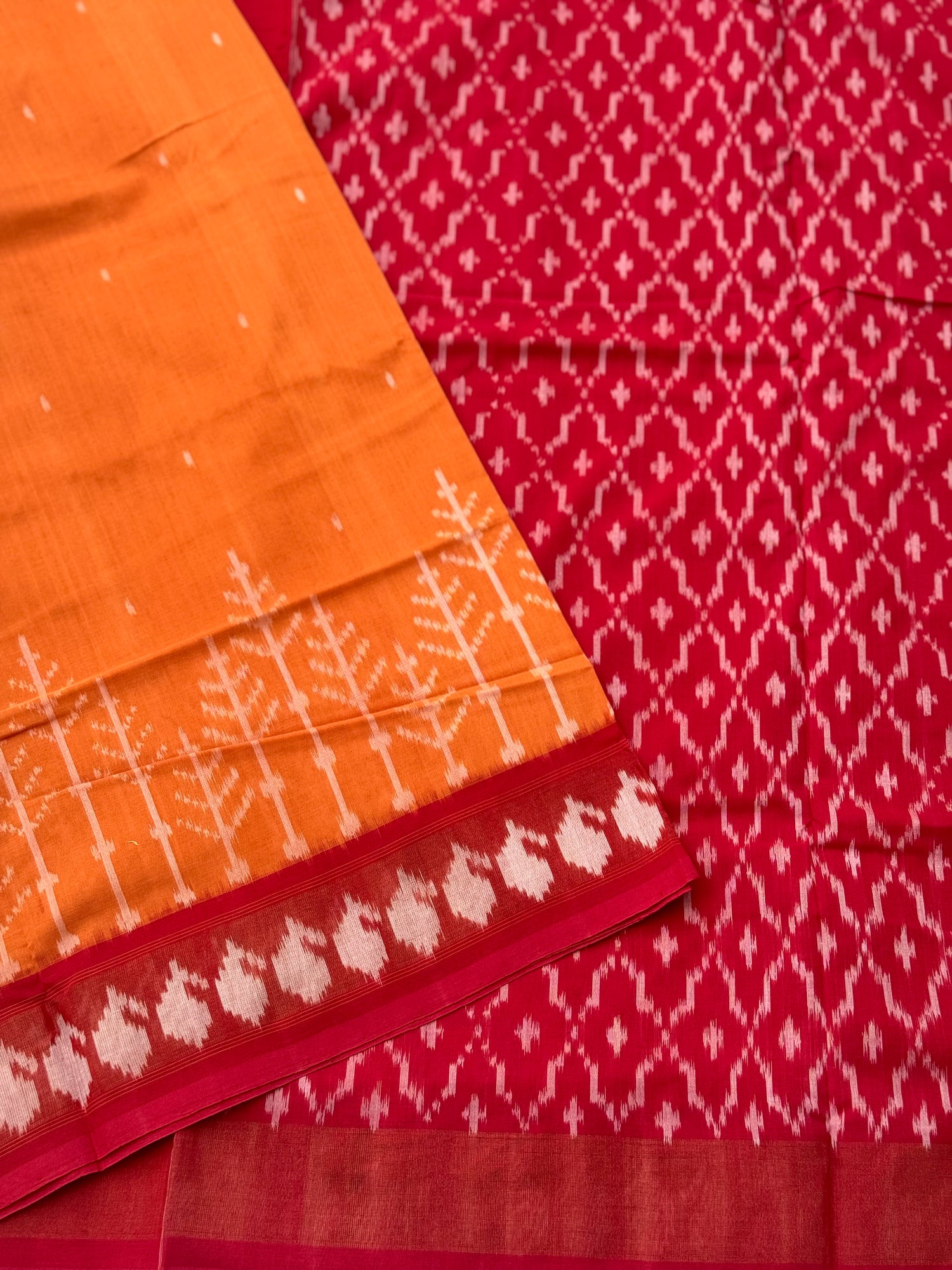 Mango yellow zari border handwoven weft single ikkat cotton saree