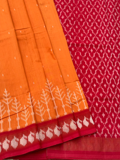 Mango yellow zari border handwoven weft single ikkat cotton saree