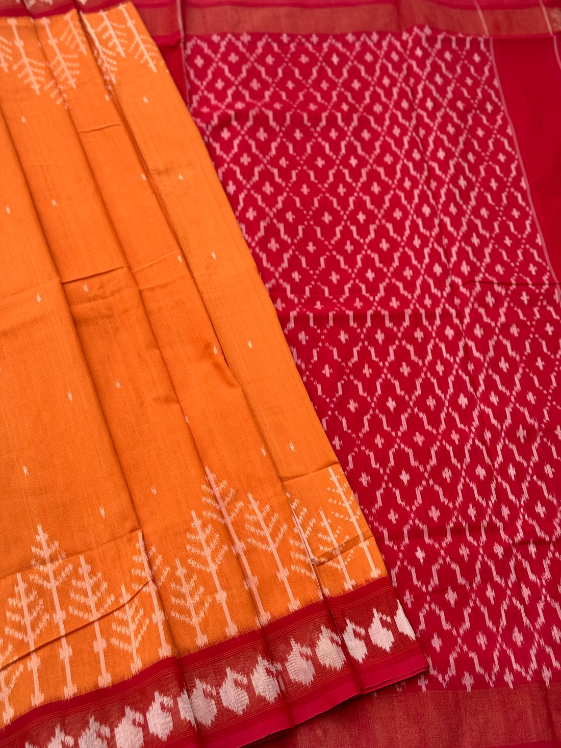 Mango yellow zari border handwoven weft single ikkat cotton saree