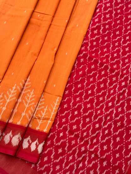 Mango yellow zari border handwoven weft single ikkat cotton saree