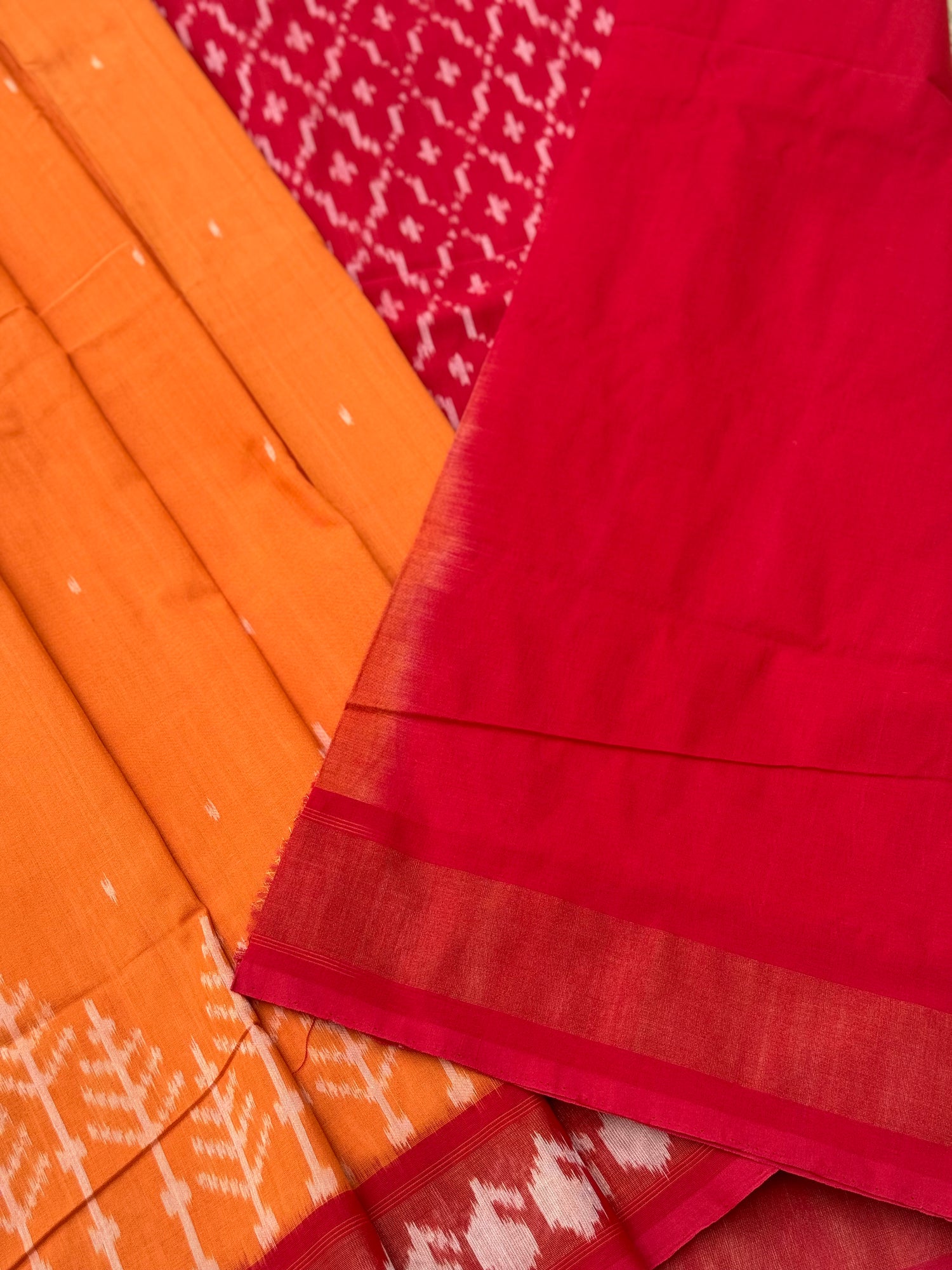 Mango yellow zari border handwoven weft single ikkat cotton saree