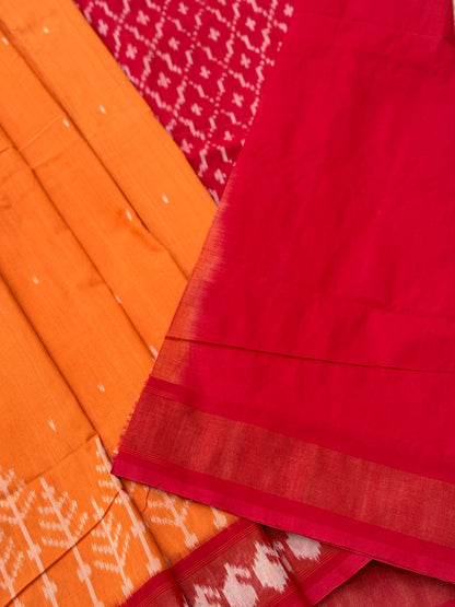 Mango yellow zari border handwoven weft single ikkat cotton saree