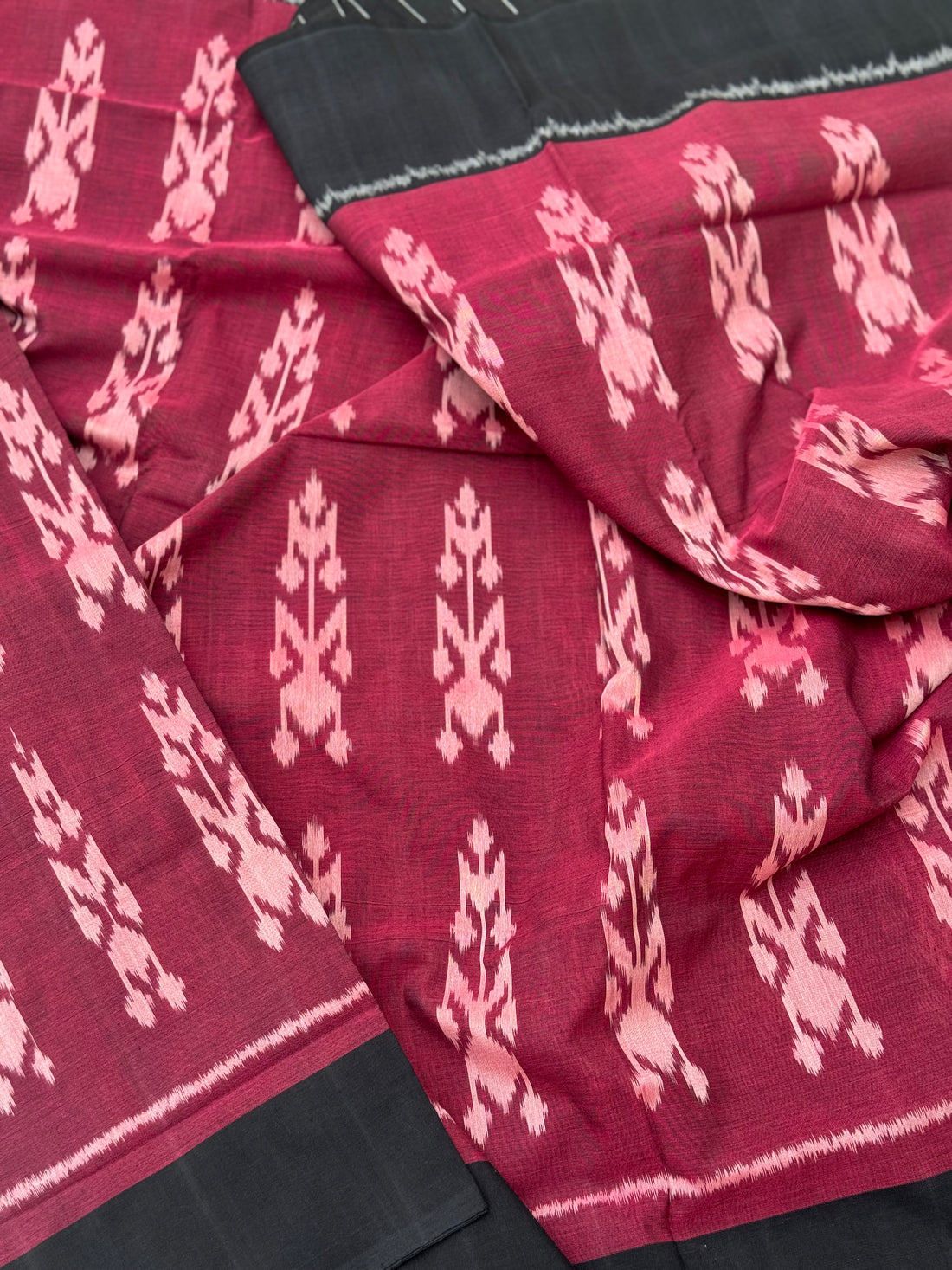 Deep plum red Uzbek motifs single ikkat cotton saree