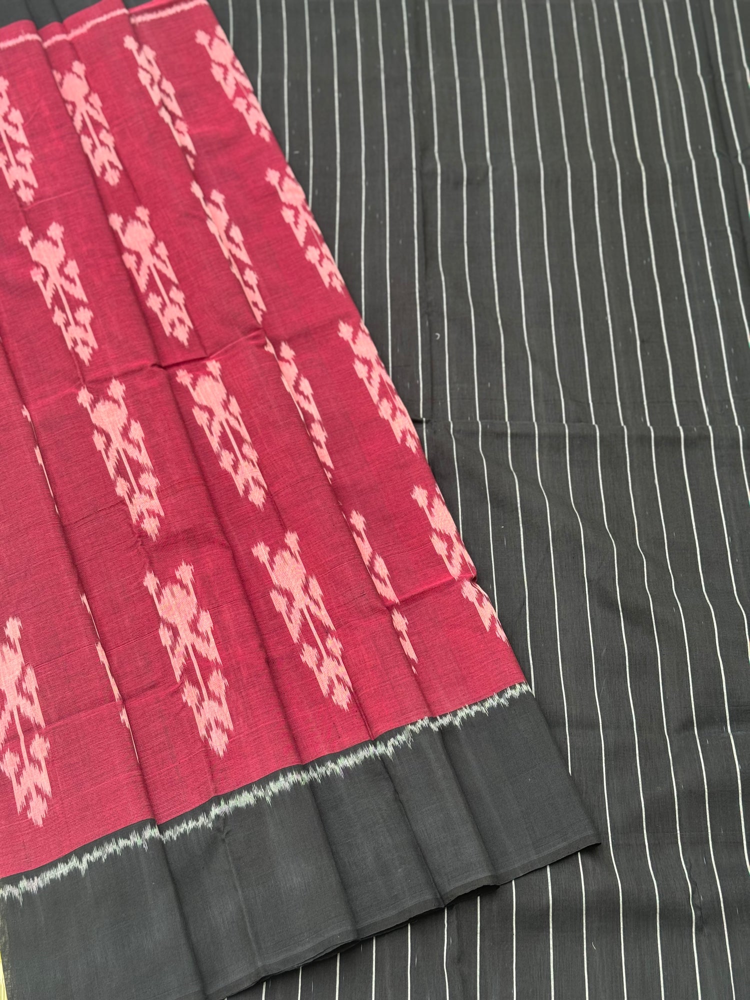 Deep plum red Uzbek motifs single ikkat cotton saree