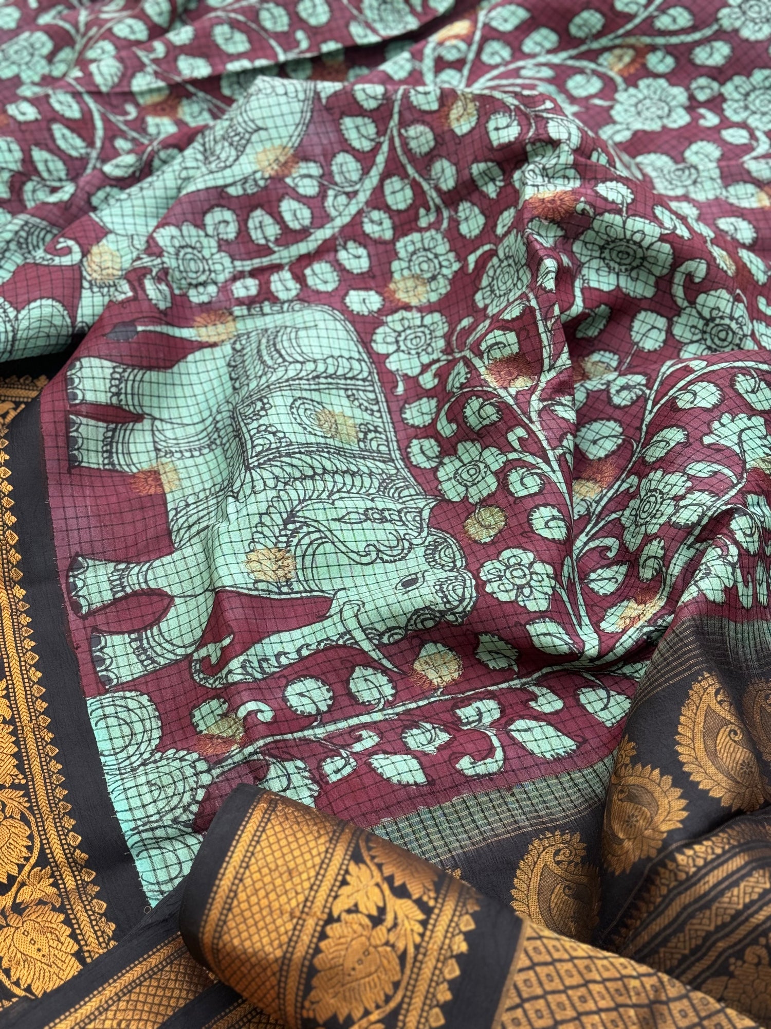 Blue Handdrawn and handpainted penkalamkari on Gadwal silk