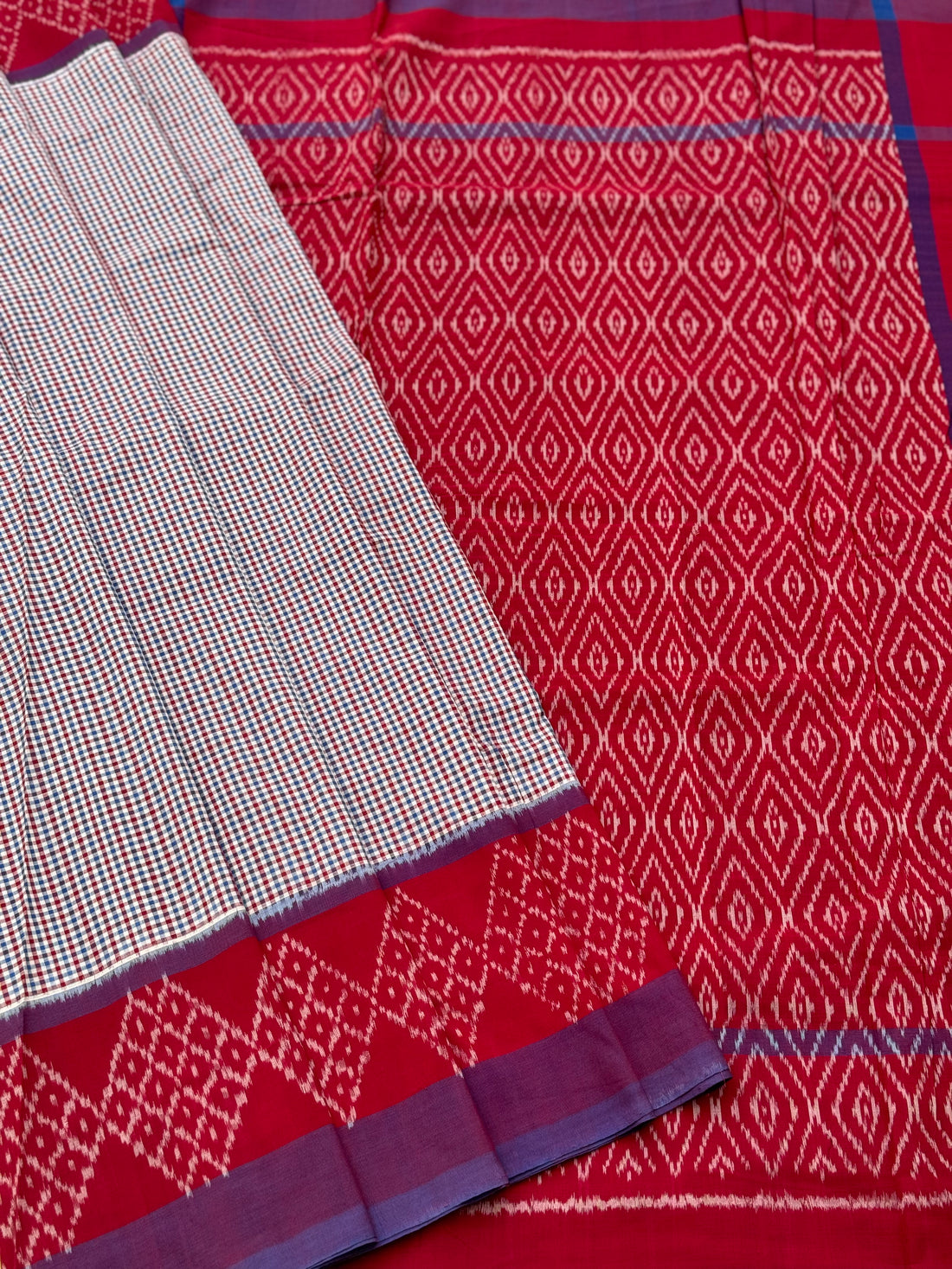 Purple with red checks handwoven weft single ikkat cotton saree