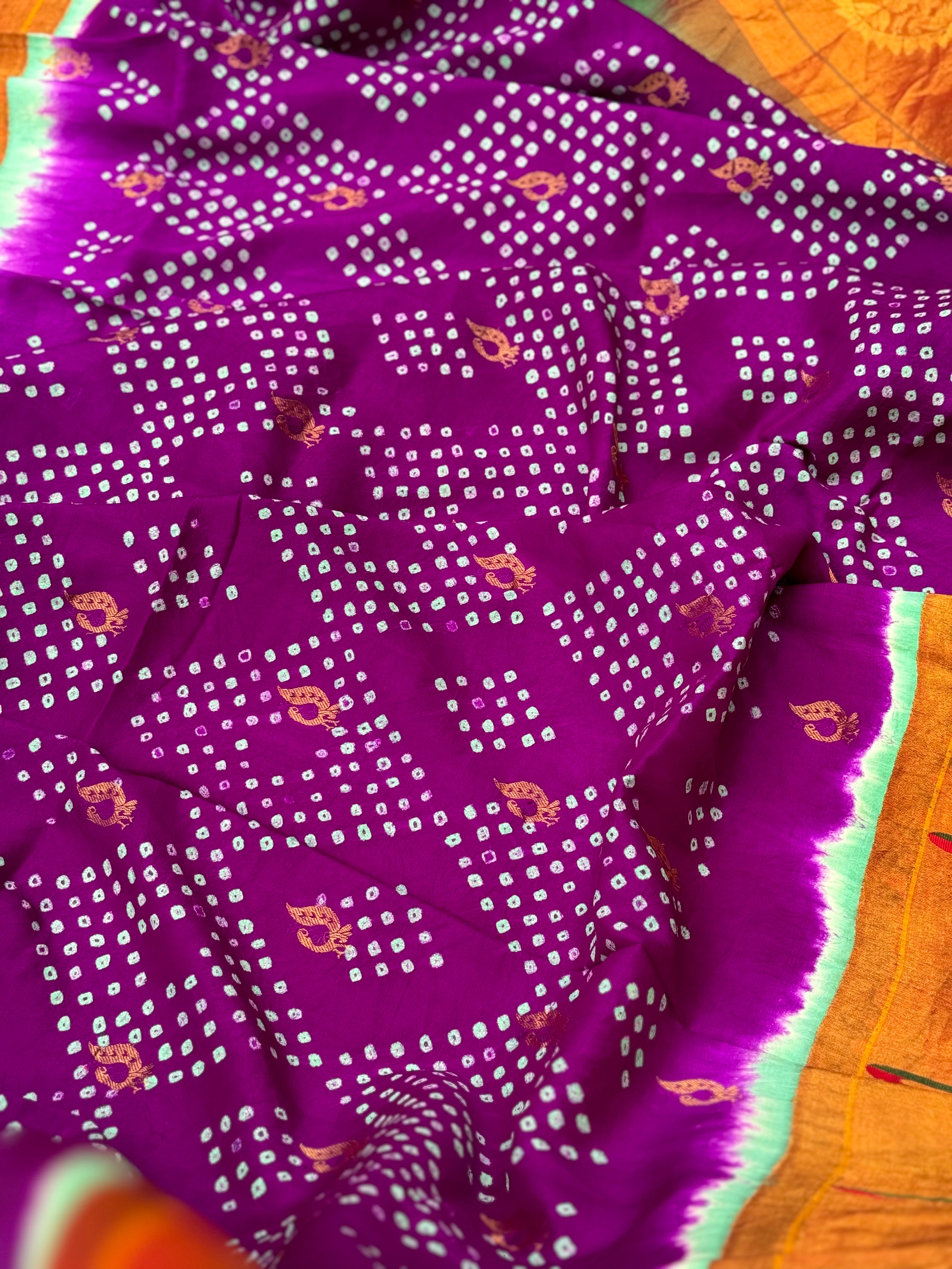 Purple with seagreen Paithani Silk With Bandhej Tie And Dye Muniya Border Saree