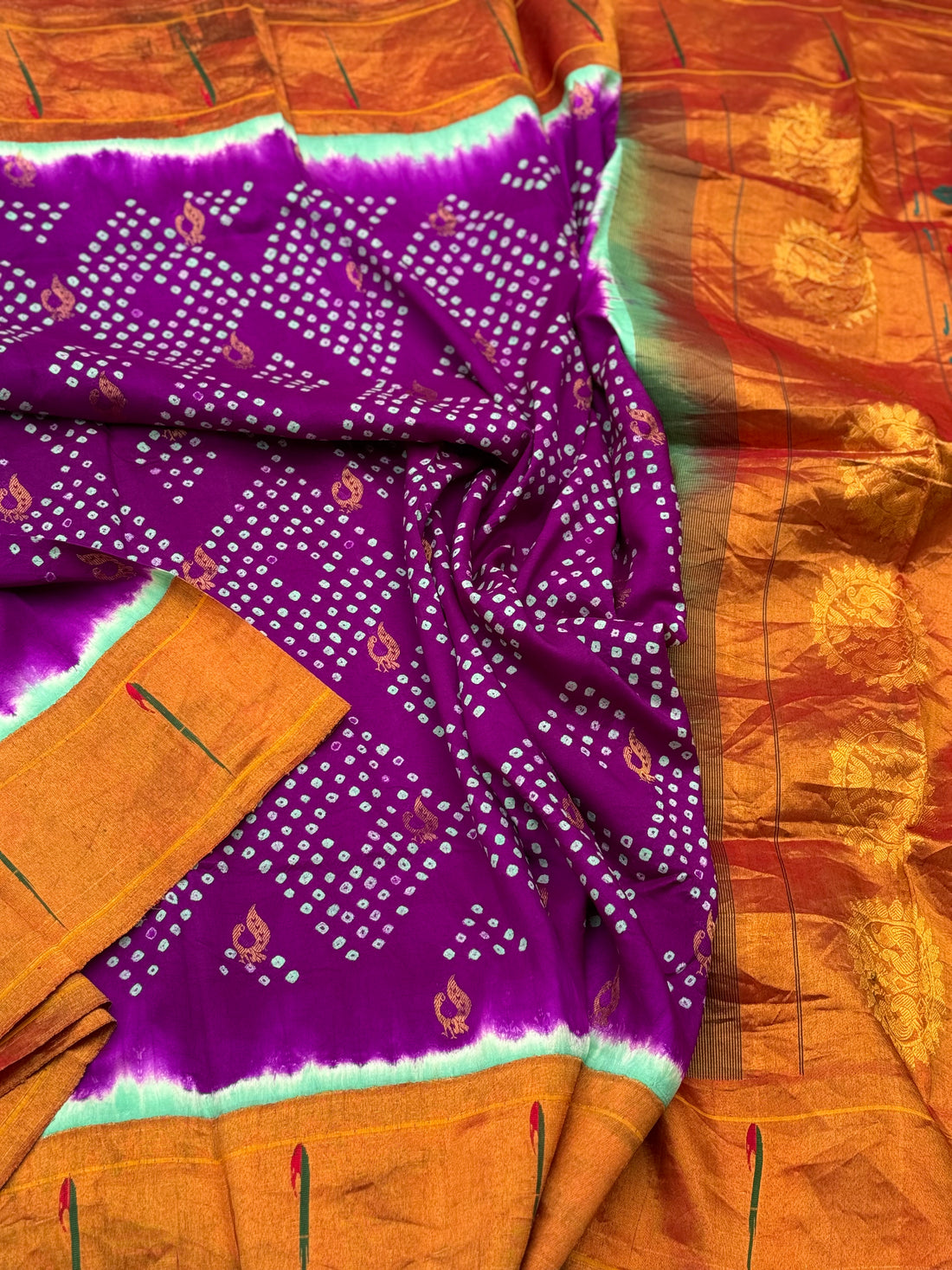 Purple with seagreen Paithani Silk With Bandhej Tie And Dye Muniya Border Saree