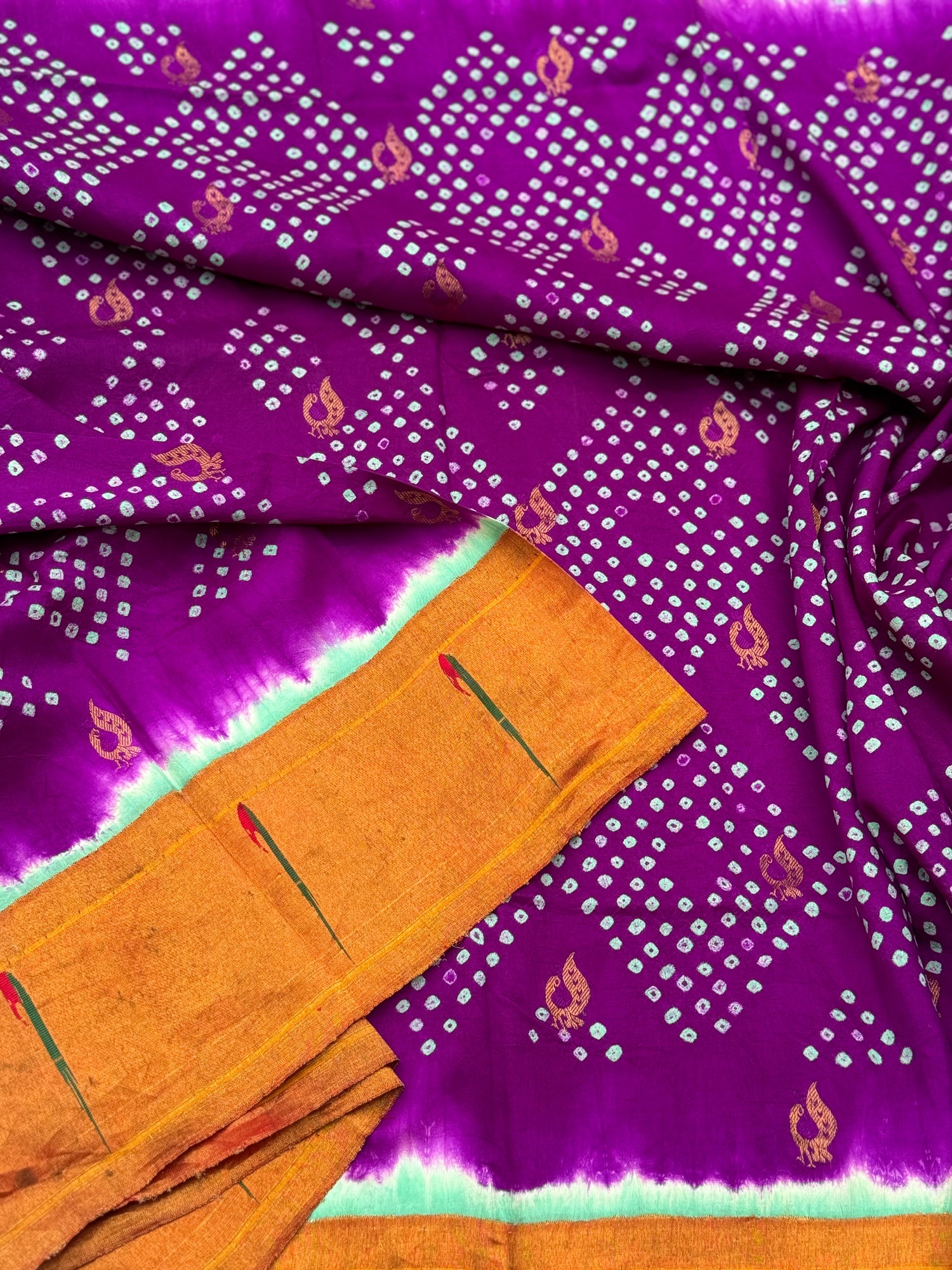 Purple with seagreen Paithani Silk With Bandhej Tie And Dye Muniya Border Saree