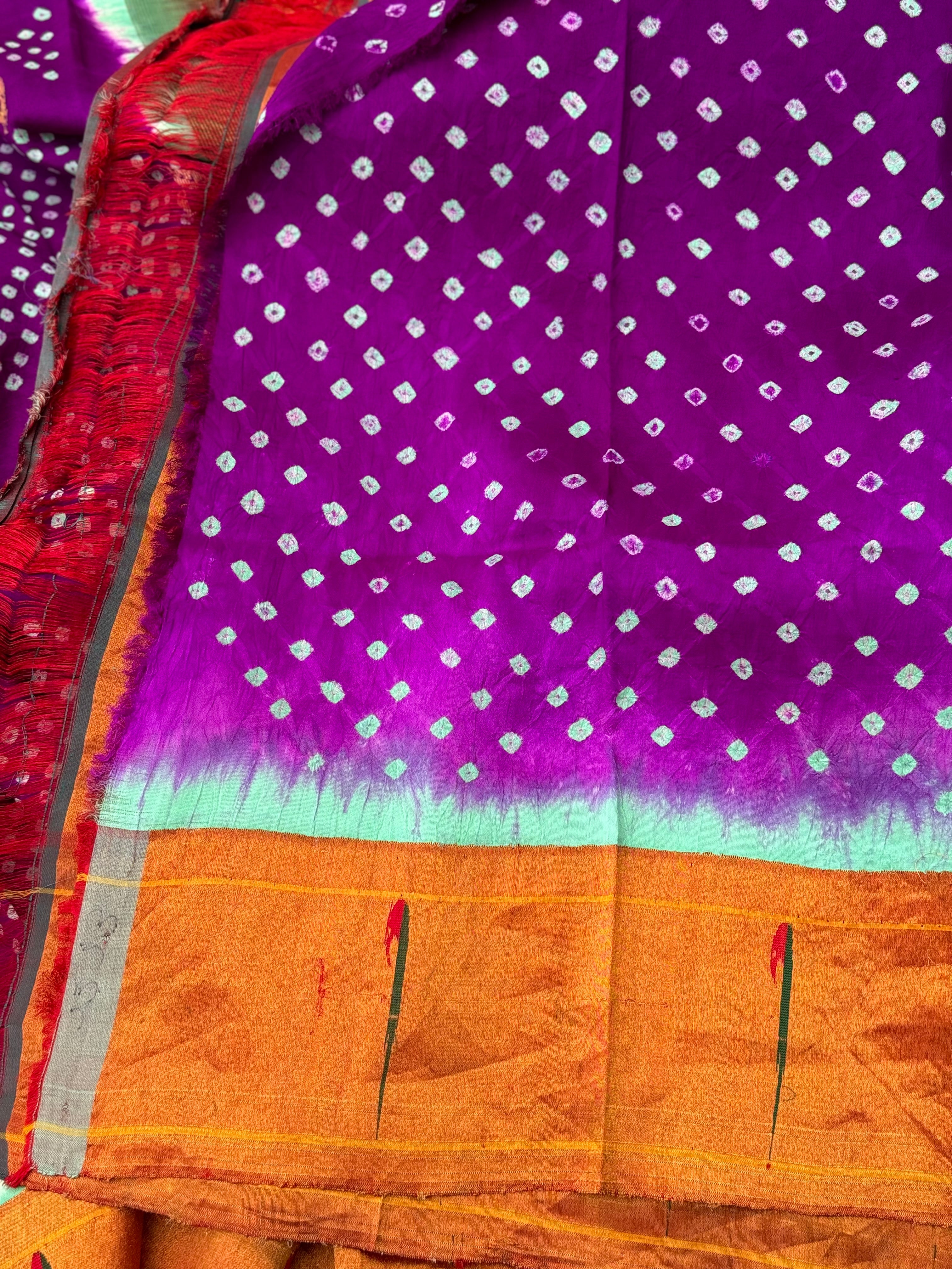 Purple with seagreen Paithani Silk With Bandhej Tie And Dye Muniya Border Saree