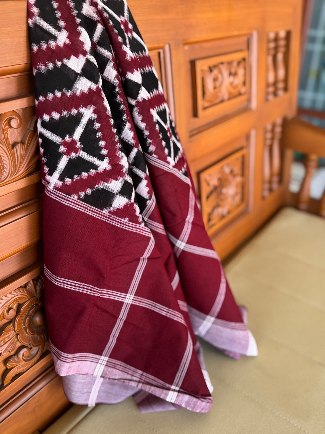 Double ikkat warp and weft pure cotton handwoven Telia Rumal scar
