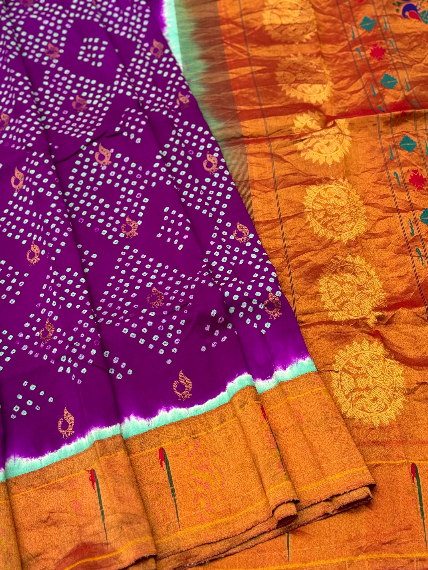 Purple with seagreen Paithani Silk With Bandhej Tie And Dye Muniya Border Saree