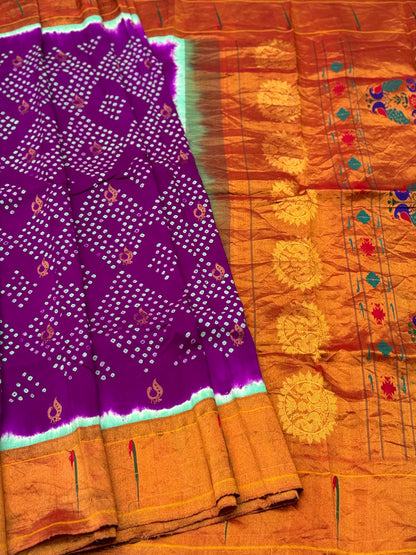 Purple with seagreen Paithani Silk With Bandhej Tie And Dye Muniya Border Saree