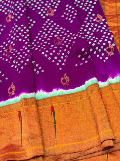 Purple with seagreen Paithani Silk With Bandhej Tie And Dye Muniya Border Saree