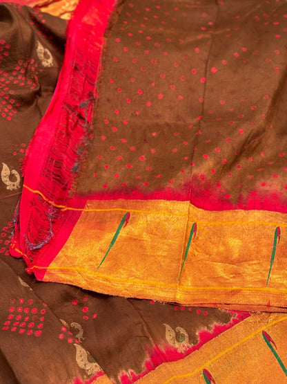 Bark brown with Red Paithani Silk With Bandhej Tie And Dye Muniya Border Saree