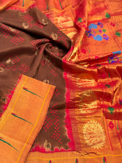 Bark brown with Red Paithani Silk With Bandhej Tie And Dye Muniya Border Saree