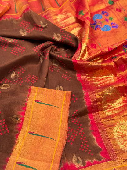 Bark brown with Red Paithani Silk With Bandhej Tie And Dye Muniya Border Saree