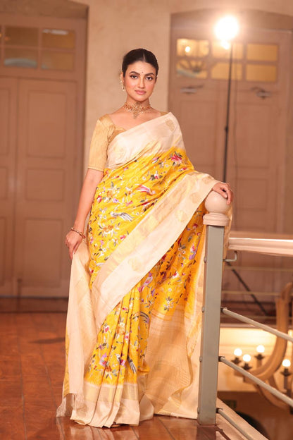A pastel yellow Masterpiece kanchivaram weave silk saree with authentic Parsi gara work